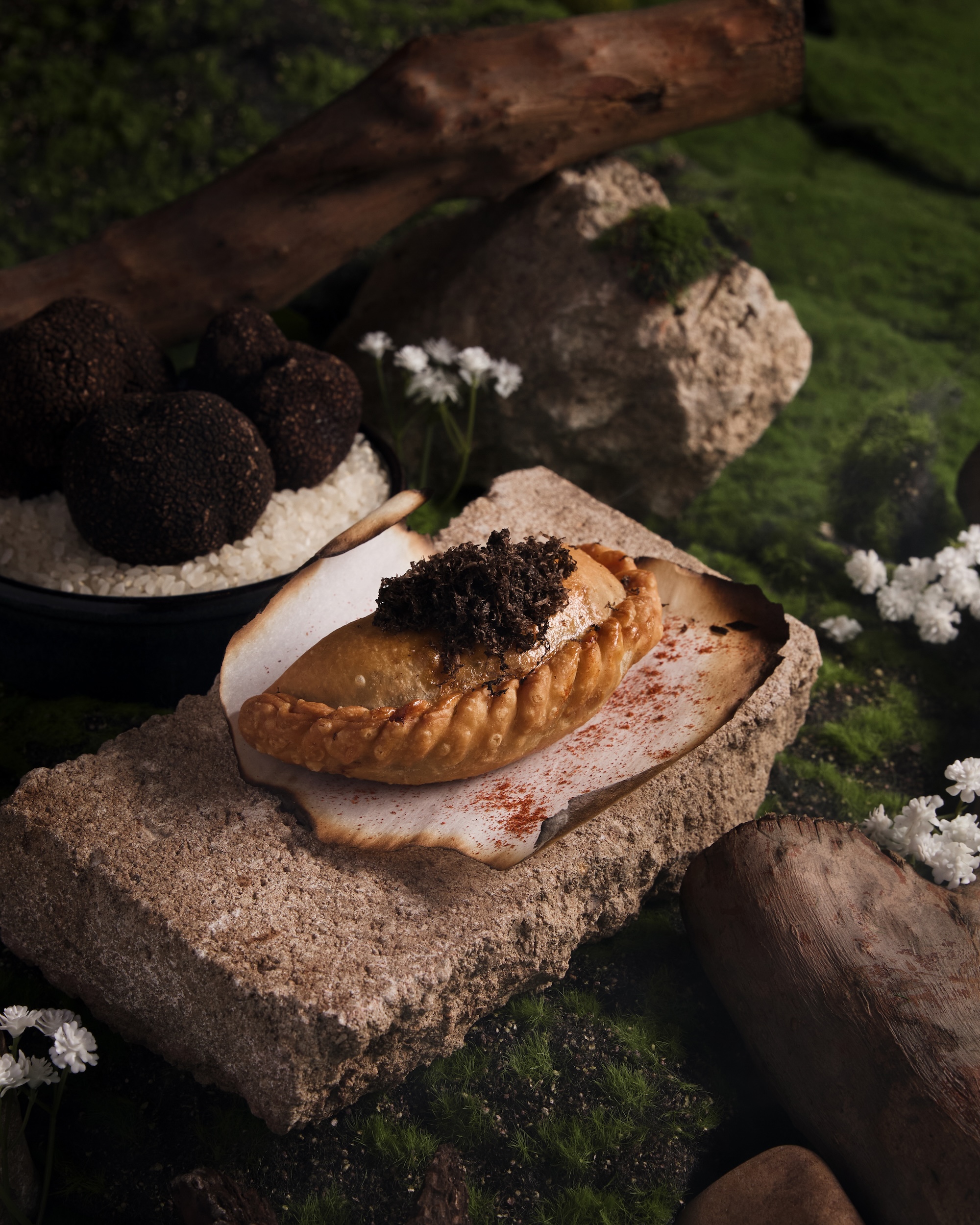 FIRST COURSE: Wagyu beef, artichoke, and truffle empanada