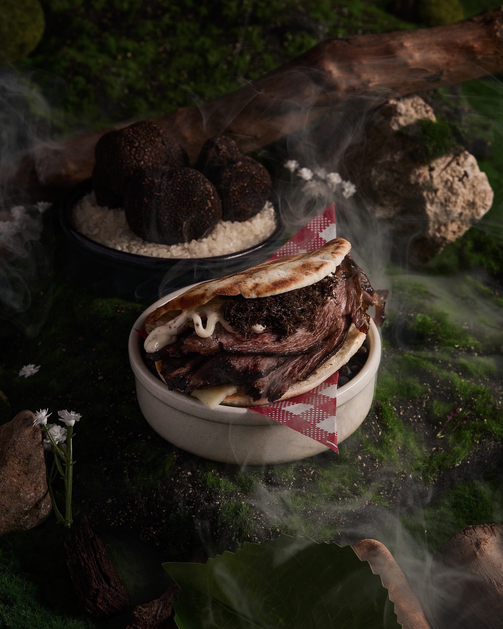 FOURTH COURSE: Wagyu beef asado, truffle, provolone, and grilled pita pocket
