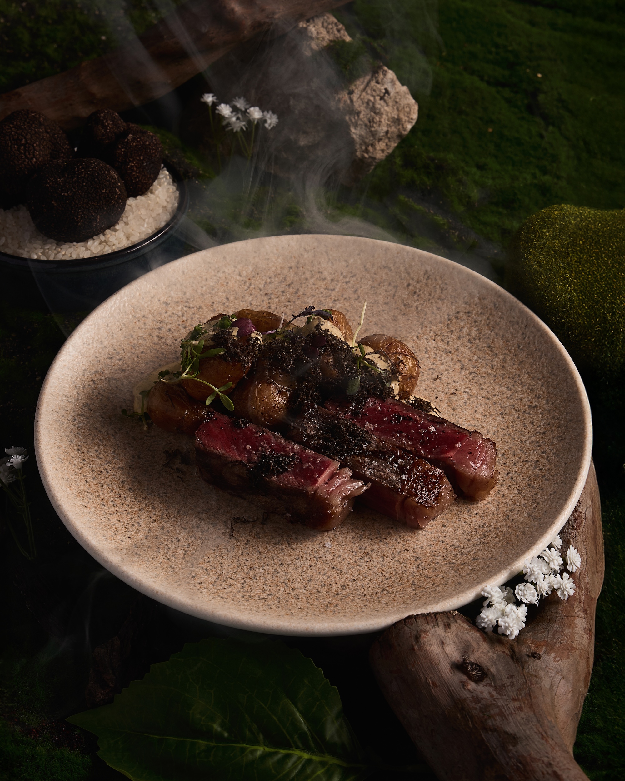 FIFTH COURSE: Parrilla wood fire grilled Wagyu MB5 sirloin, crispy chat potato, truffle, and chimichurri hollandaise