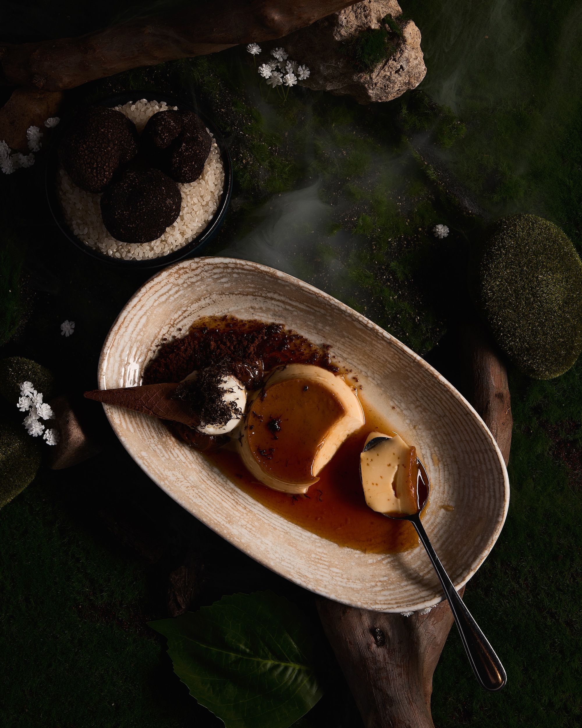 SIXTH COURSE: Flan top with grated winter truffle, dulce de leche, and vanilla bean gelato.