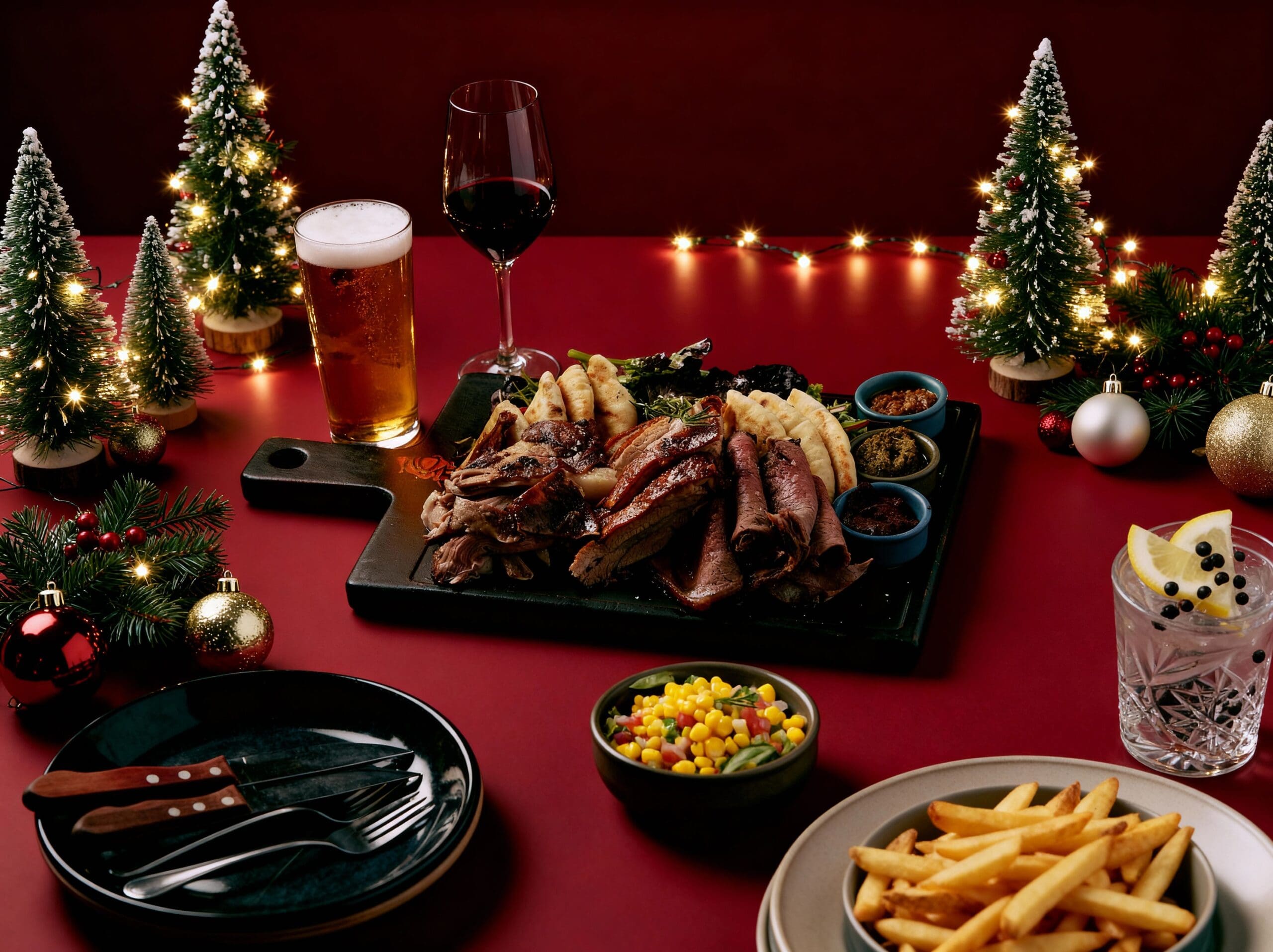 A festive Christmas dining setup with a large platter of fire-grilled meats, flatbread, and assorted sauces on a black board, surrounded by sides like fries and corn salad. Drinks including beer, red wine, and a gin cocktail sit on a red table decorated with miniature Christmas trees, ornaments, and warm string lights.
