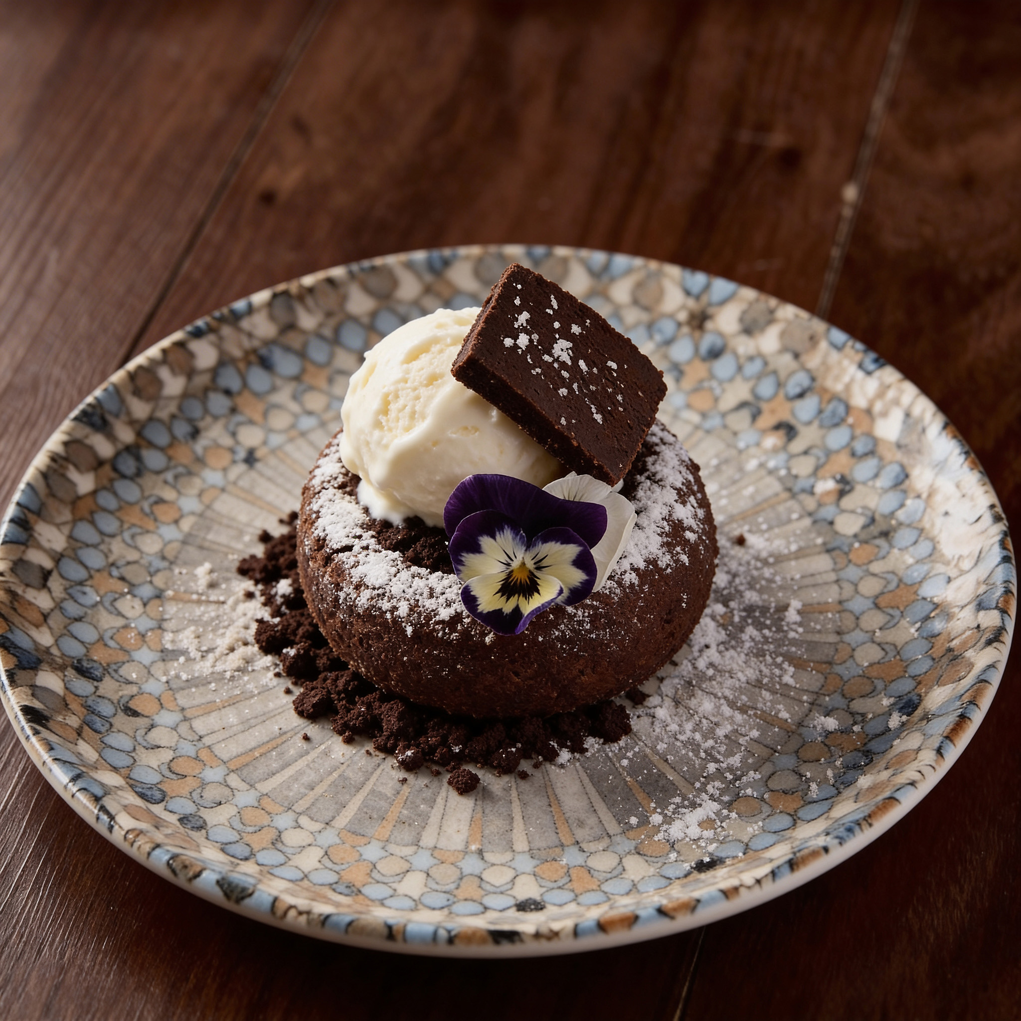 Wagyu fat donut, vanilla ice cream, chocolate soil
