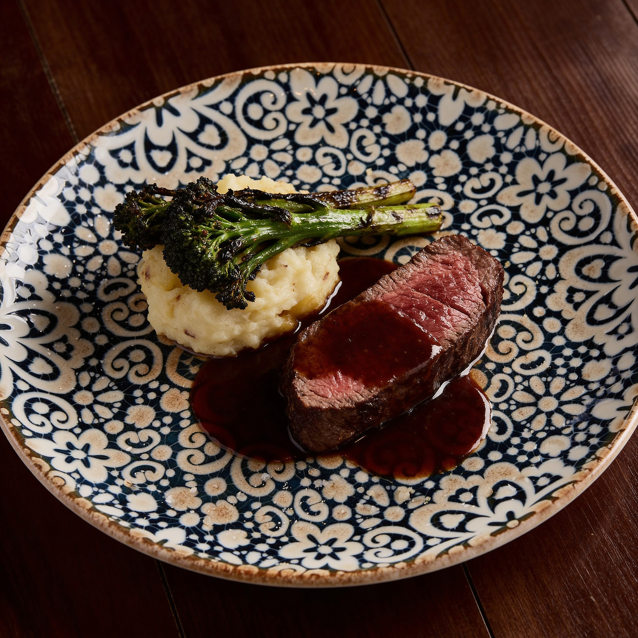 Wagyu striploin MB 4/5, beef-fat smashed potatoes, charred broccolini, malbec jus