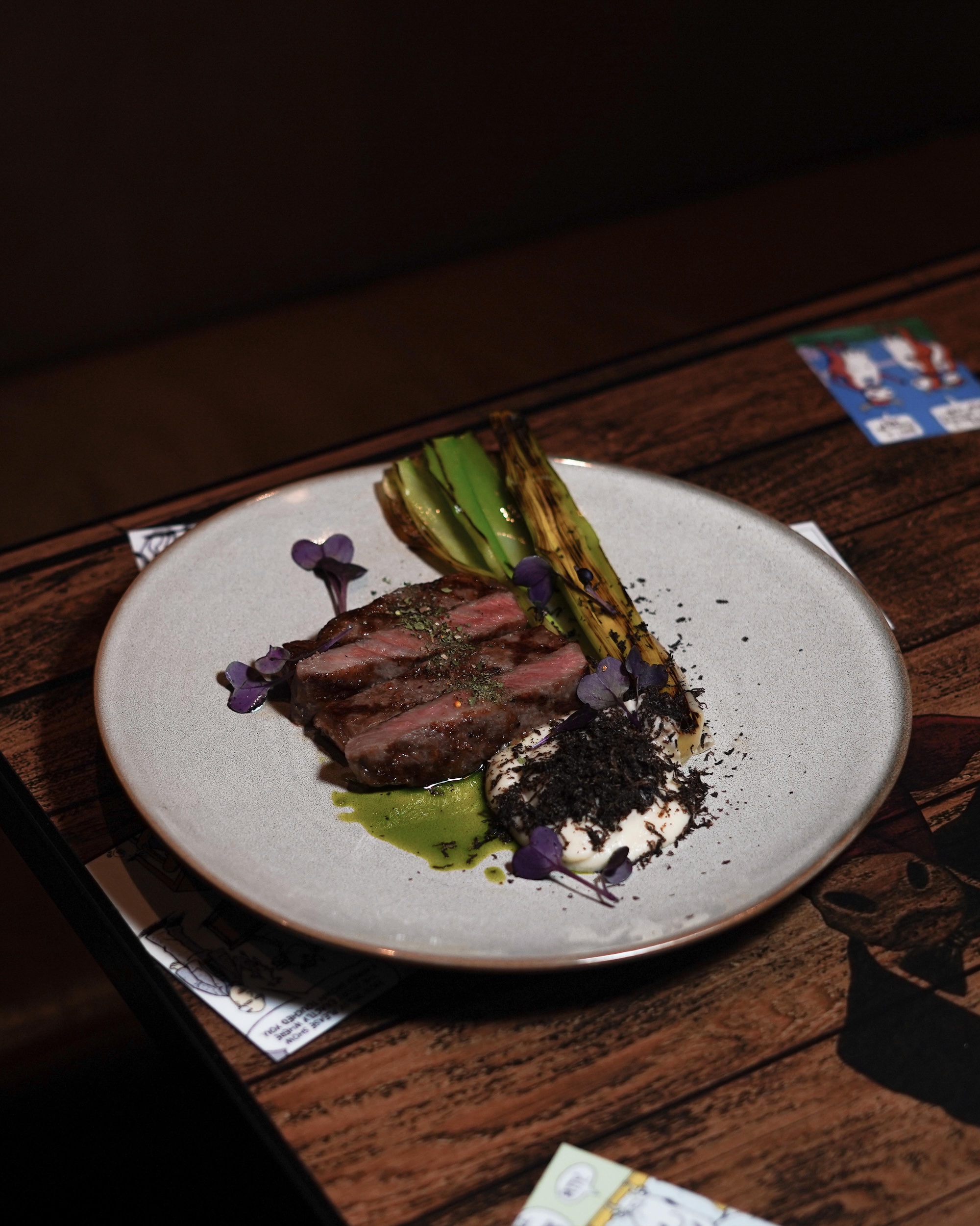 Seafood, Truffle & Wagyu Omakase Adelaide_Fifth Course_The Miyazaki A5 Miyazaki Wagyu striploin, truffle, cauliflower puree and charred leek