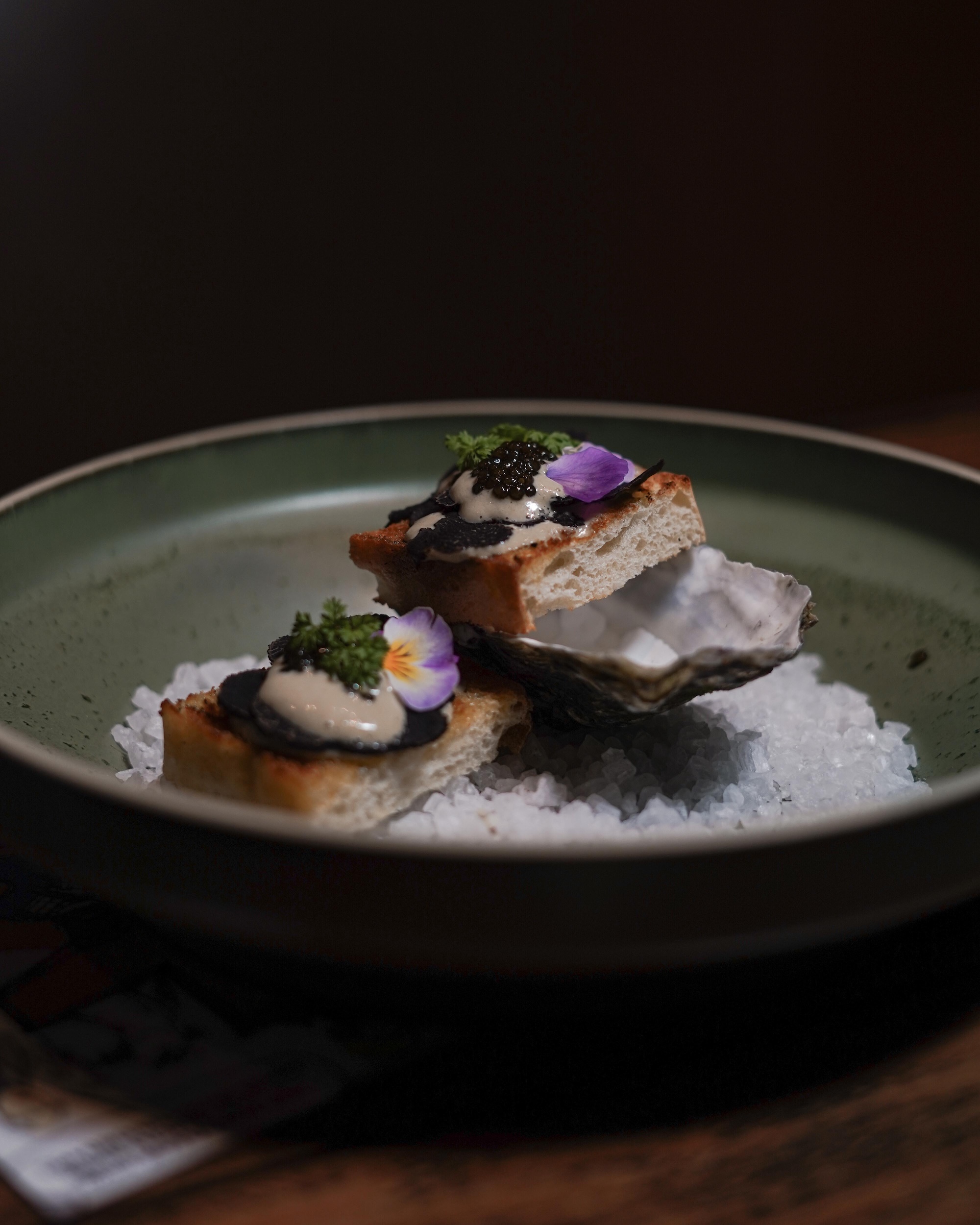 Seafood, Truffle & Wagyu Omakase Adelaide_First Course_The Ocean Coffin Bay oyster pate, Beluga caviar, shaved truffle and coal-toasted filone by Our Place at Willunga