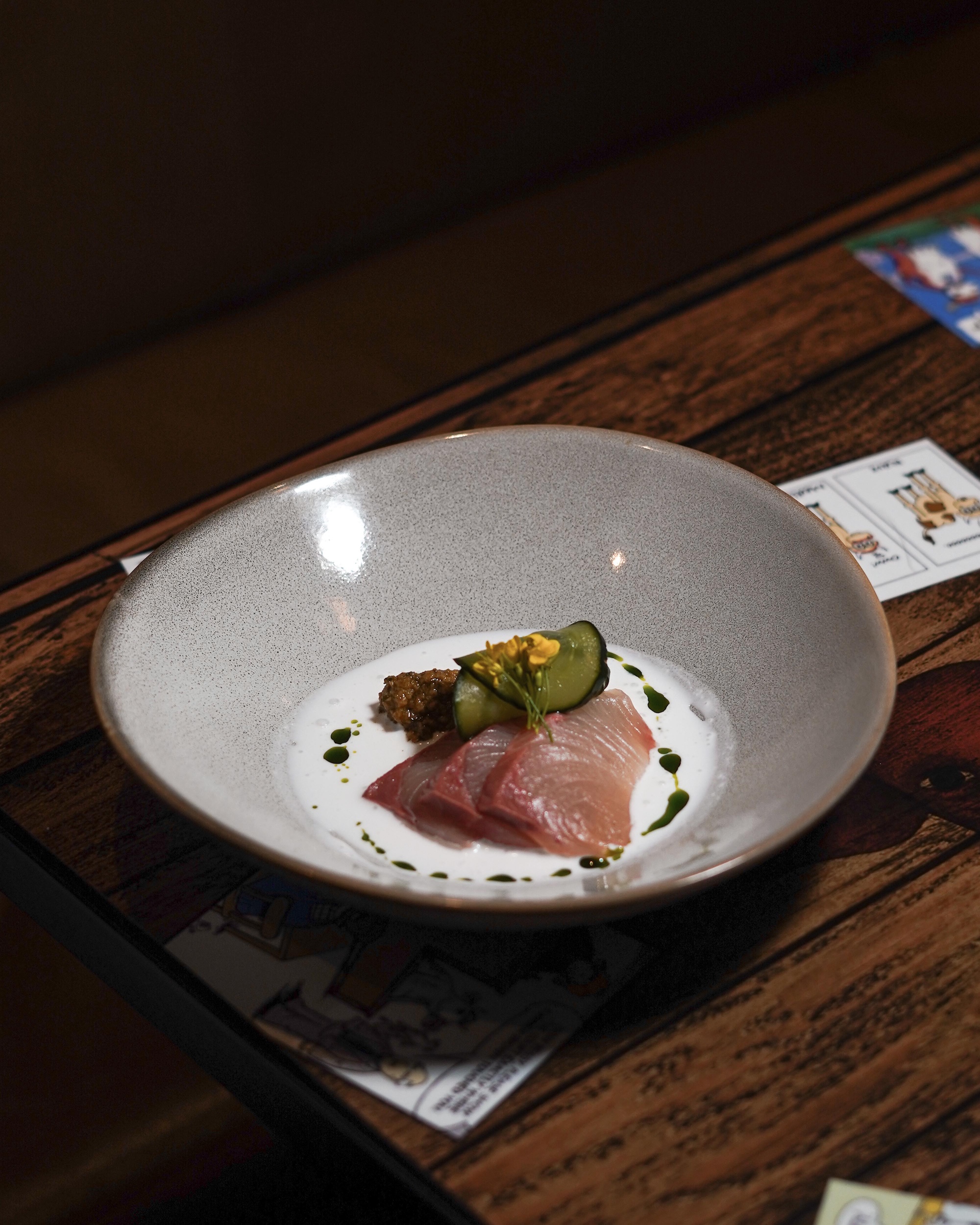 Seafood, Truffle & Wagyu Omakase Adelaide_Second Course_Southern Waters Spencer Gulf yellowtail kingfish sashimi, yuzu chimichurri, cucumber and coconut